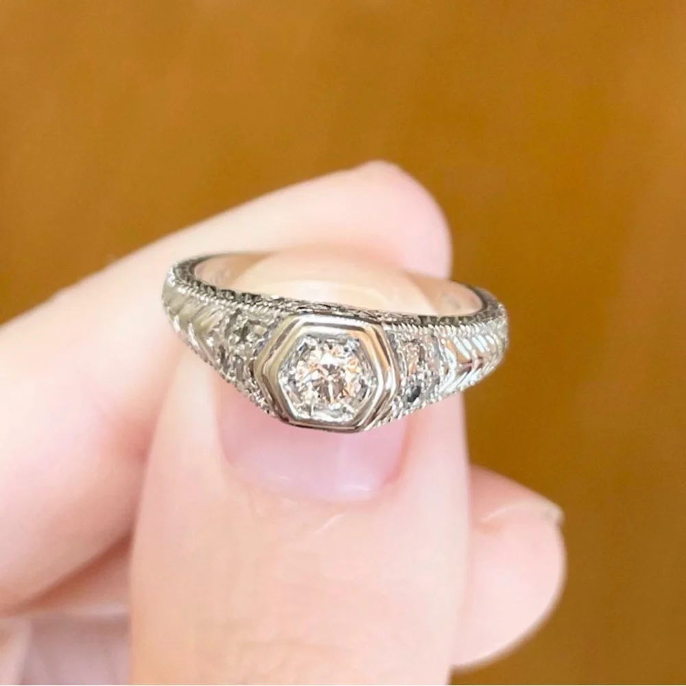 14K White Gold Art Deco Diamond Engagement Ring, Size 6 - Picture 6 of 10